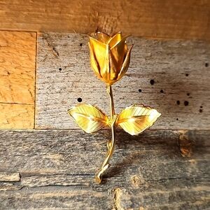 Vintage Long Stem Goldtone Rose Pin Brooch #1
